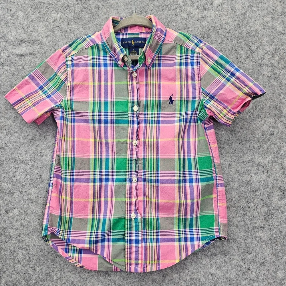 Ralph Lauren Madras Boys Shirt 5 Pink Green Plaid Button Down Pony Summer School